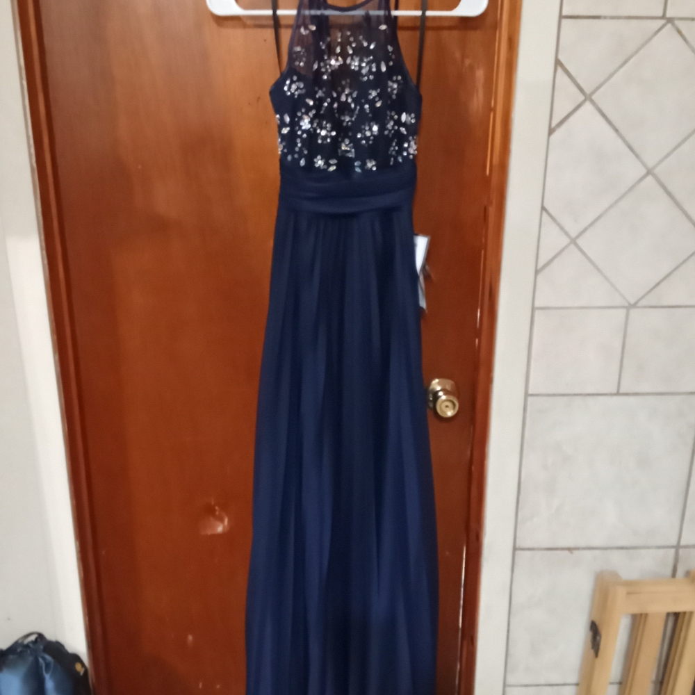 B Darlin Navy Blue Lace Maxi Dress